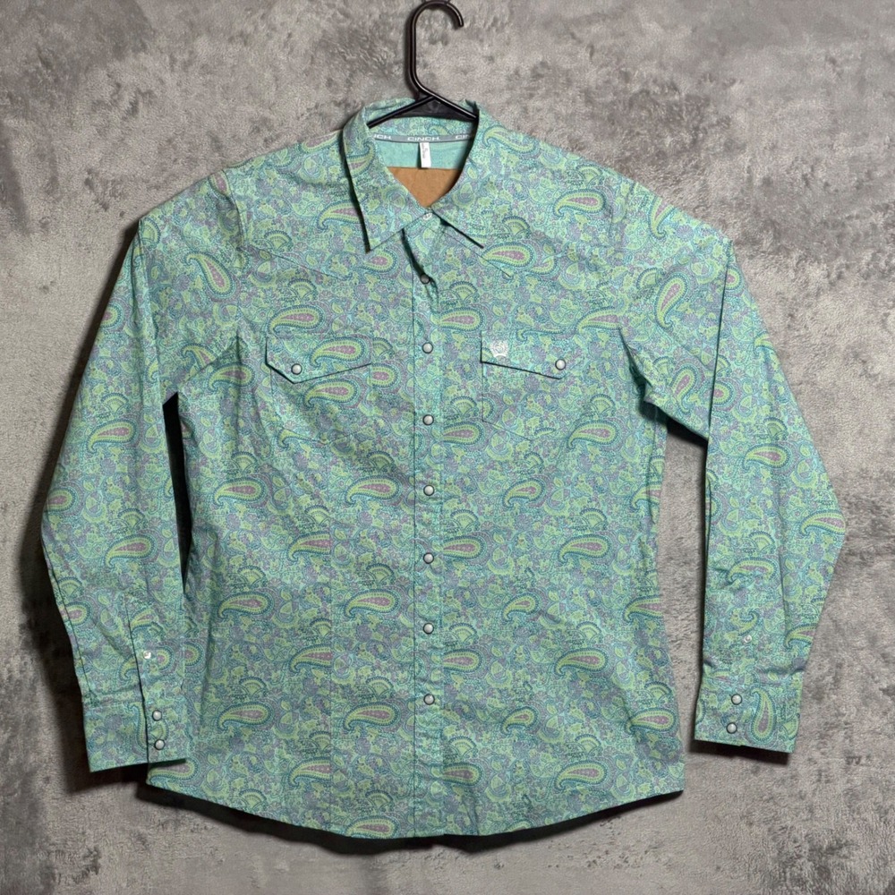 Cinch Shirt Womens XL Green Blue Paisley Pearl Snap Western Long Sleeve Pockets